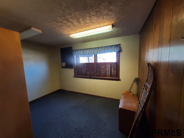 basement with dark carpet and a textured ceiling