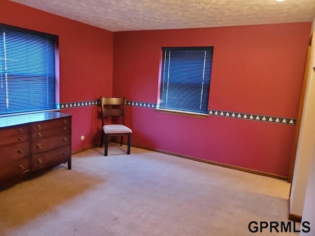 bedroom featuring baseboards, carpet floors, and a textured ceiling