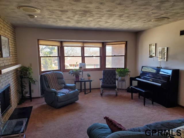 carpeted living room featuring a brick fireplace, visible vents, and a wealth of natural light