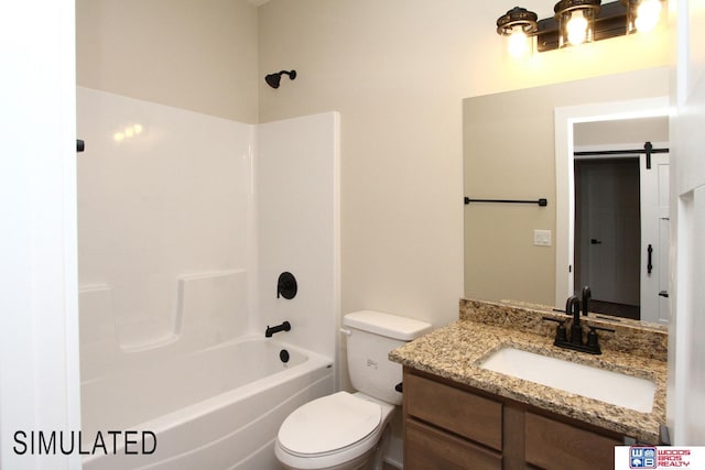 full bathroom featuring vanity, bathing tub / shower combination, and toilet