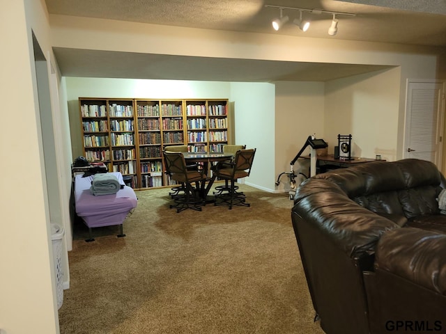 interior space with track lighting, a textured ceiling, baseboards, and carpet floors