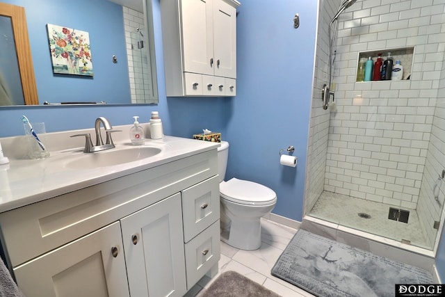 full bath with vanity, a shower stall, toilet, and marble finish floor