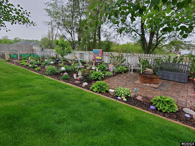 view of yard with a patio area, a fire pit, and a fenced backyard