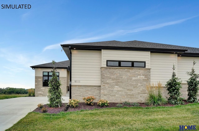 view of property exterior with stone siding, a yard, and roof with shingles