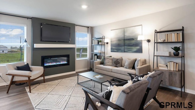 living room with a glass covered fireplace, baseboards, and wood finished floors