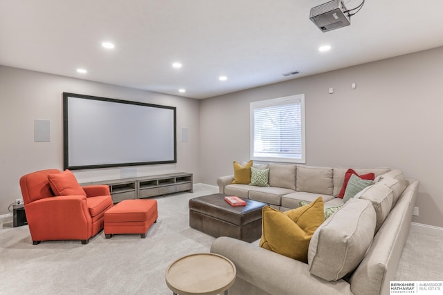 home theater with visible vents, recessed lighting, baseboards, and carpet