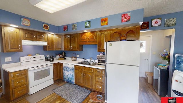 kitchen with under cabinet range hood, a sink, wood finished floors, white appliances, and light countertops