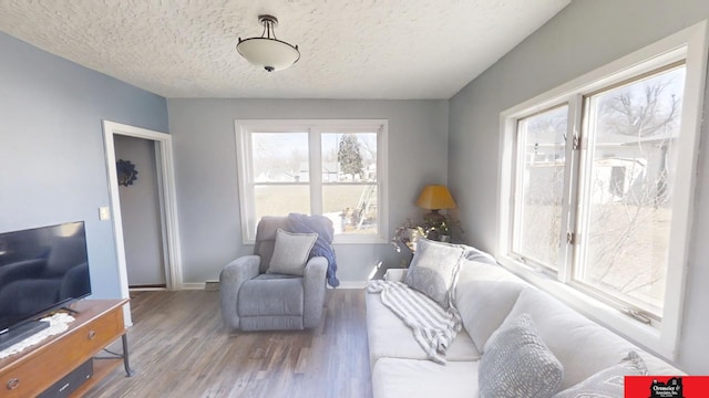 sitting room featuring baseboards, a textured ceiling, and wood finished floors