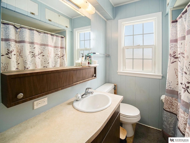 bathroom featuring vanity, toilet, and a shower with curtain