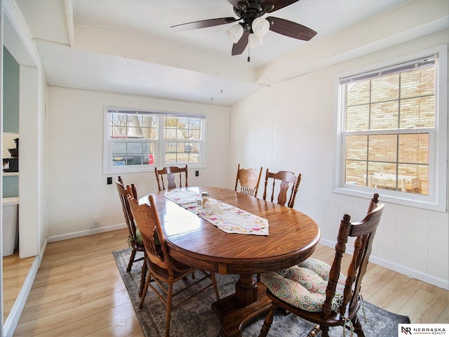 dining room with baseboards, a ceiling fan, and light wood finished floors