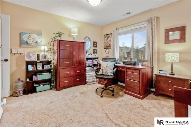 office area featuring visible vents and light colored carpet