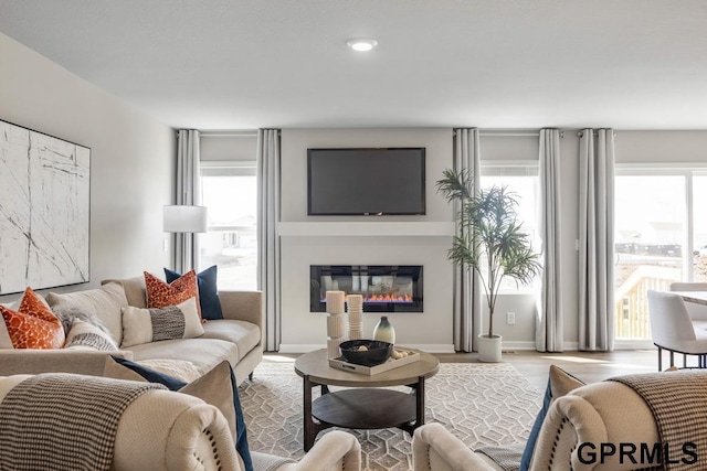living area featuring a glass covered fireplace