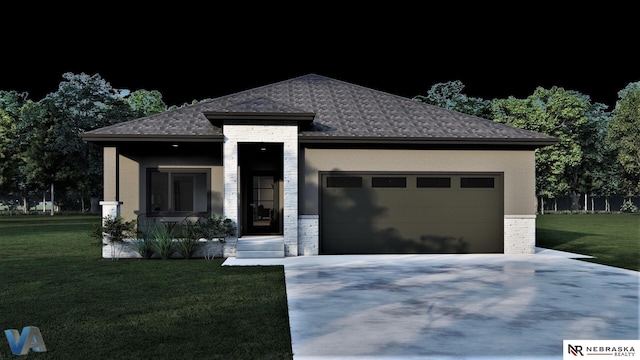 view of front of home with a front yard, concrete driveway, an attached garage, and a shingled roof