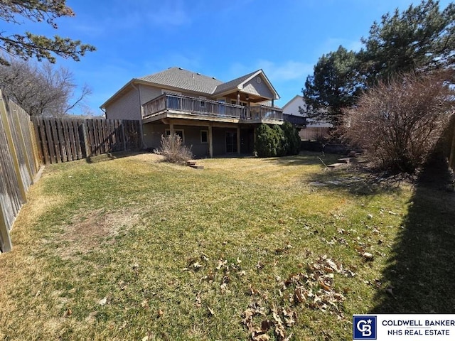 view of yard featuring a fenced backyard and a wooden deck