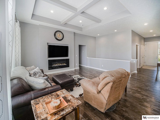 living area featuring baseboards, beamed ceiling, recessed lighting, coffered ceiling, and dark wood-style flooring