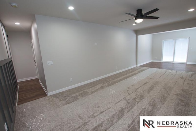 spare room featuring recessed lighting, baseboards, carpet, and ceiling fan