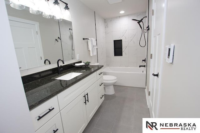 bathroom with tile patterned floors, toilet, recessed lighting, shower / bathing tub combination, and vanity