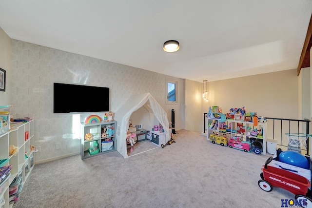 game room with carpet flooring and wallpapered walls