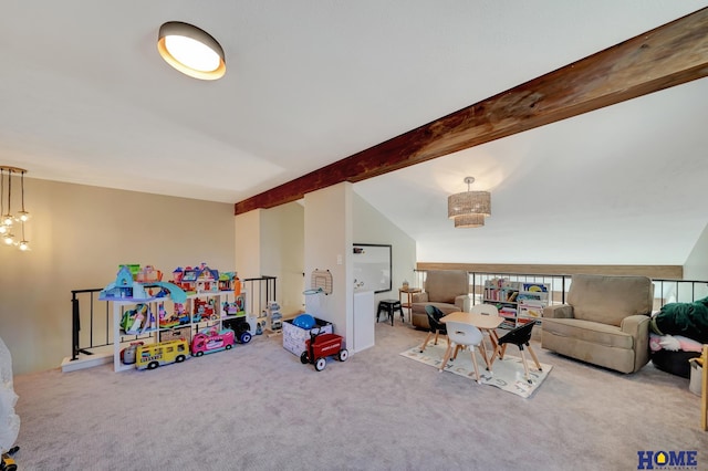 recreation room featuring lofted ceiling with beams and carpet floors