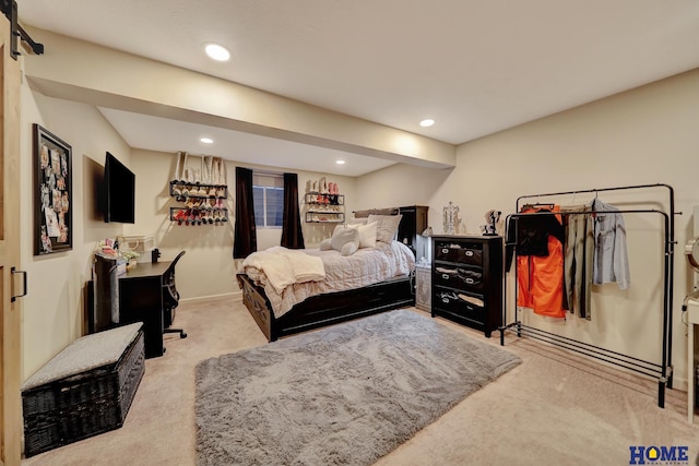 carpeted bedroom featuring recessed lighting