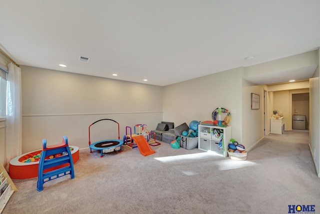 game room featuring recessed lighting, visible vents, baseboards, and carpet flooring