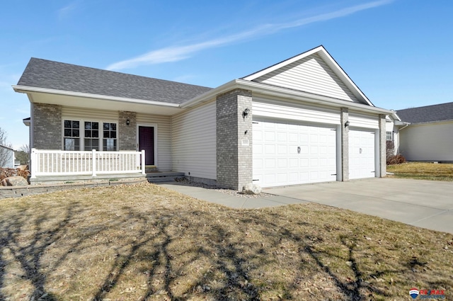 single story home with driveway, covered porch, an attached garage, a shingled roof, and brick siding