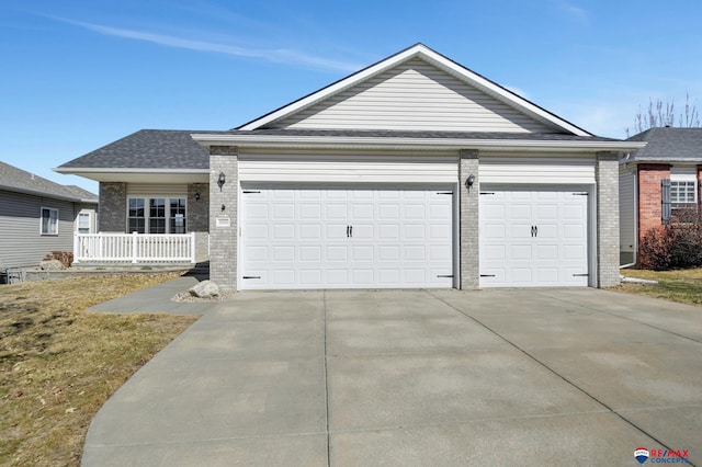 ranch-style home with brick siding, driveway, a garage, and roof with shingles