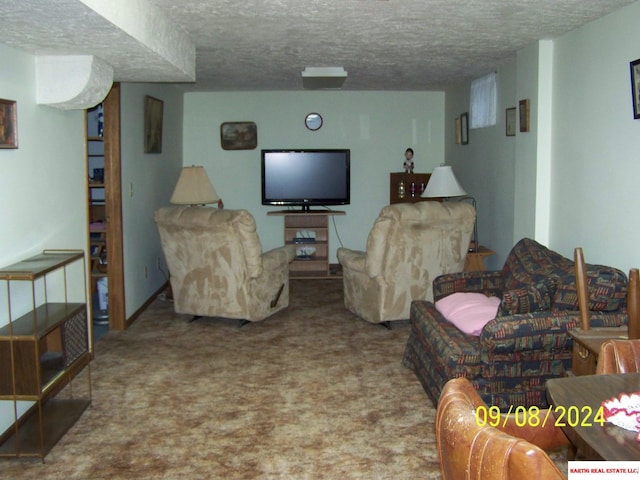 living room featuring carpet flooring and a textured ceiling