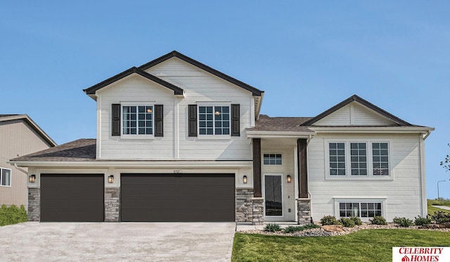 view of front facade featuring an attached garage, a front lawn, roof with shingles, stone siding, and driveway