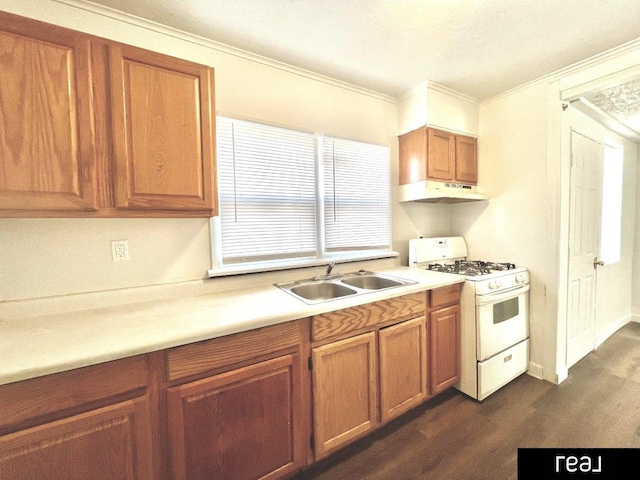 kitchen featuring under cabinet range hood, a sink, dark wood finished floors, white gas range oven, and light countertops