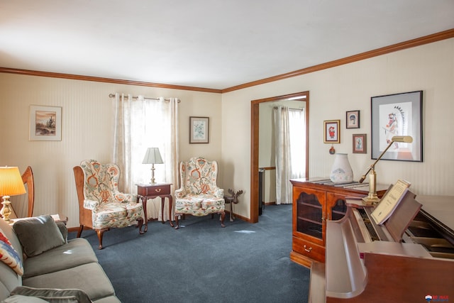 carpeted office featuring plenty of natural light, baseboards, and ornamental molding