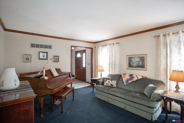 living area with crown molding, carpet, and visible vents