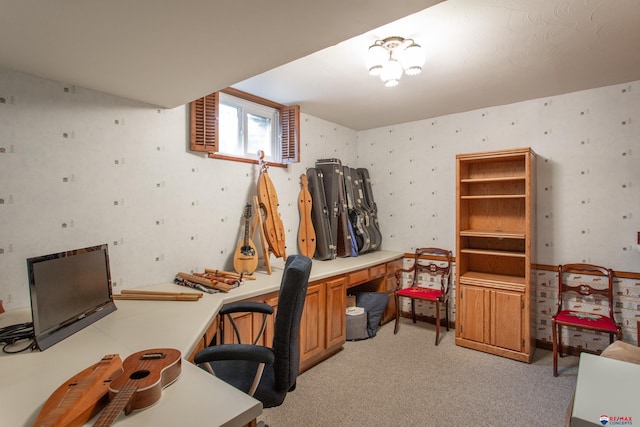 office area featuring light colored carpet and wallpapered walls