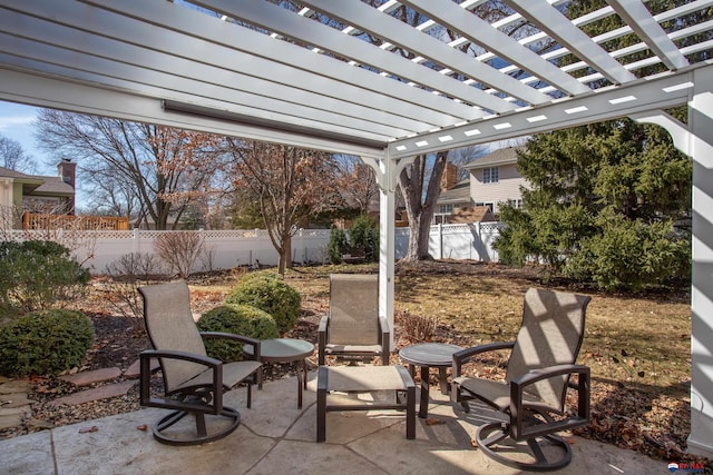 view of patio / terrace featuring a fenced backyard and a pergola