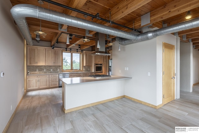 kitchen with island exhaust hood, stainless steel appliances, decorative backsplash, and light countertops