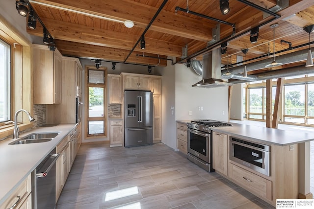 kitchen featuring tasteful backsplash, high quality appliances, light countertops, island exhaust hood, and a sink