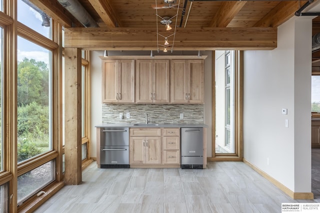 kitchen featuring light brown cabinets, beam ceiling, a sink, decorative backsplash, and light countertops