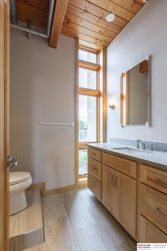 bathroom with toilet, floor to ceiling windows, wooden ceiling, baseboards, and vanity