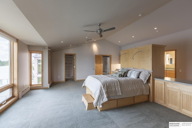 bedroom with a ceiling fan, recessed lighting, a baseboard radiator, light colored carpet, and vaulted ceiling