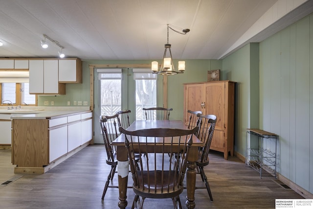 dining space featuring dark wood-style floors, a wealth of natural light, and a chandelier