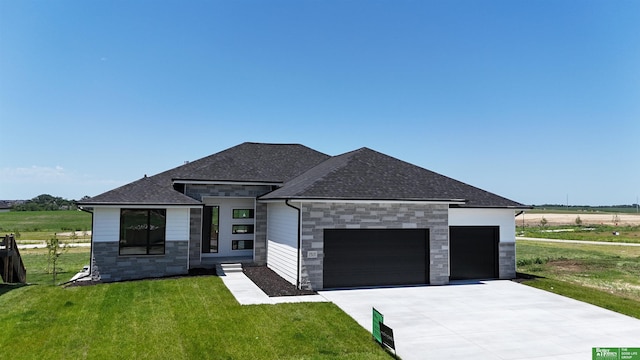 5816 N 198th St, Elkhorn, NE 68022 - modern home featuring stone siding, an attached garage, a front lawn, driveway, and roof with shingles