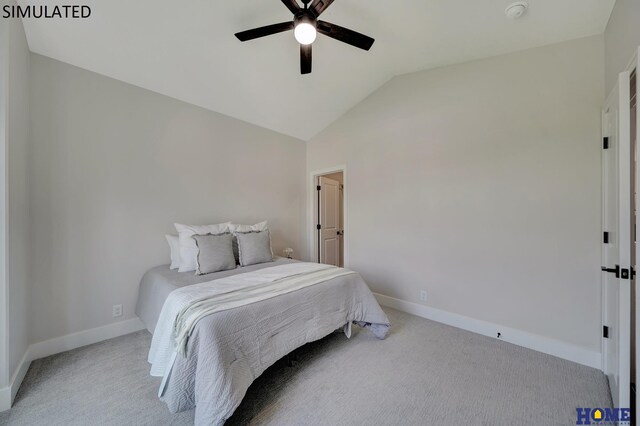 bedroom with baseboards, carpet, ceiling fan, and vaulted ceiling