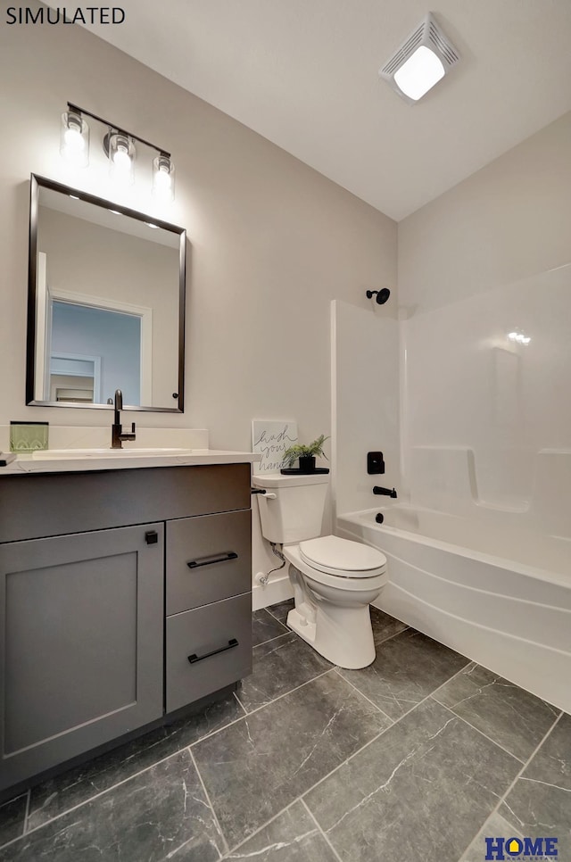 full bath with visible vents, toilet, vanity, and bathing tub / shower combination