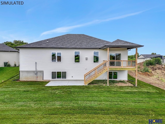 back of house with a wooden deck, stairs, roof with shingles, a lawn, and a patio