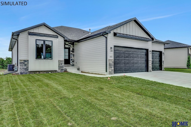 view of front of property with driveway, stone siding, board and batten siding, a front yard, and an attached garage