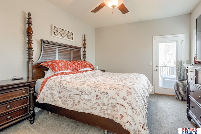 carpeted bedroom with ceiling fan and access to outside