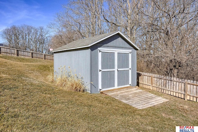 view of shed with a fenced backyard