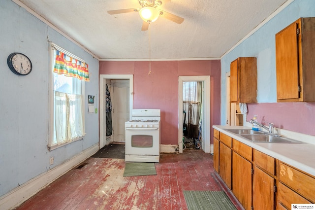 kitchen featuring a sink, brown cabinets, white gas stove, and light countertops