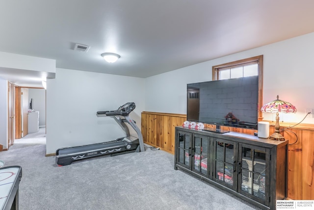 exercise area featuring visible vents and carpet flooring