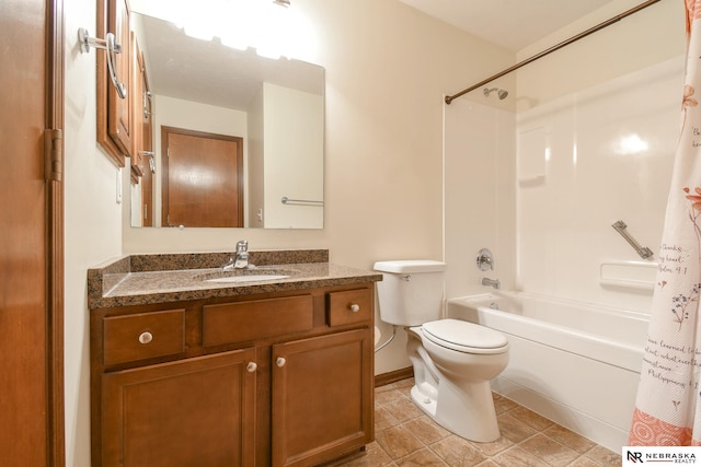 full bath with tile patterned floors, toilet, shower / bath combo, and vanity